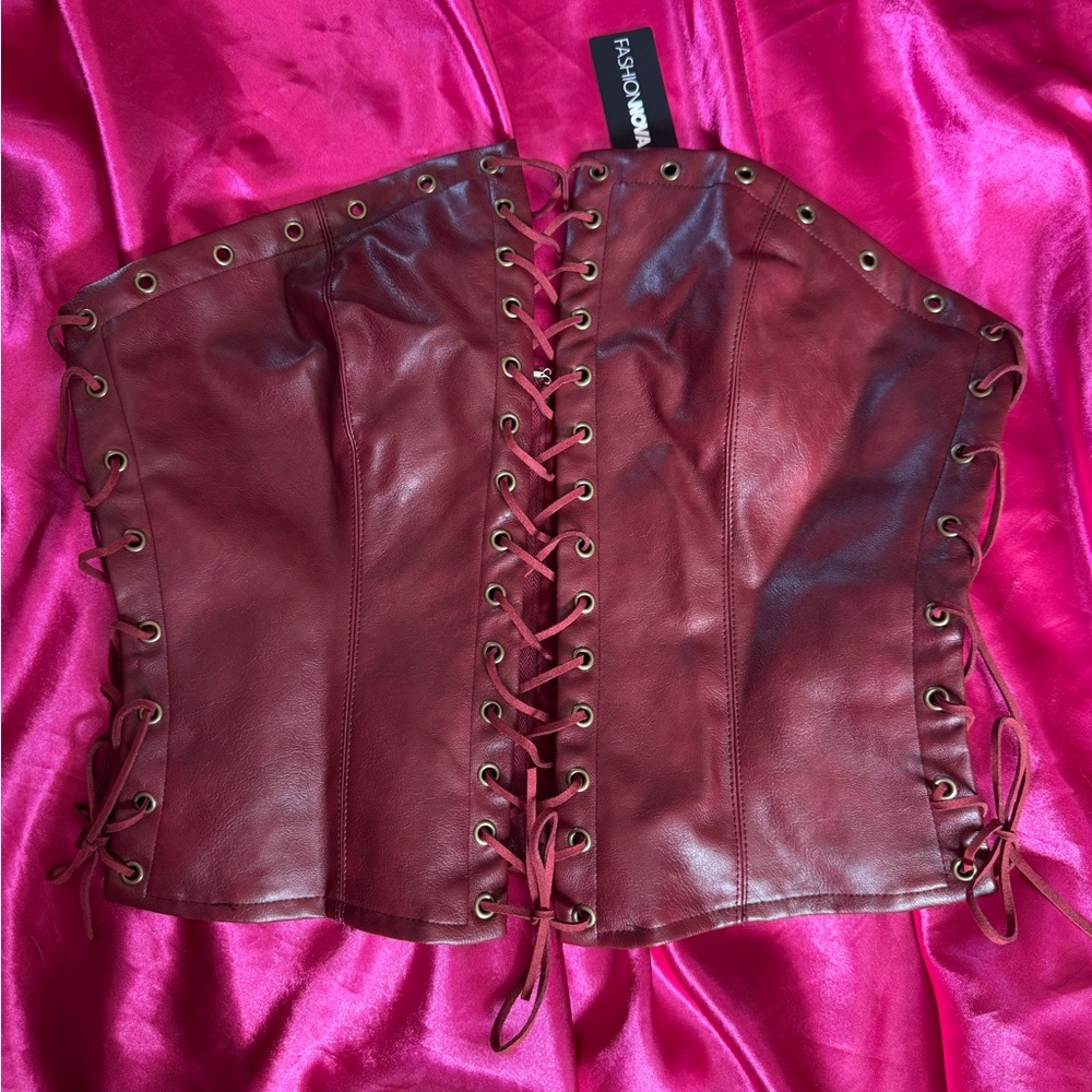 NWT Fashion Nova A Piece Of Work Faux Leather Lace Up Top - Burgundy - L